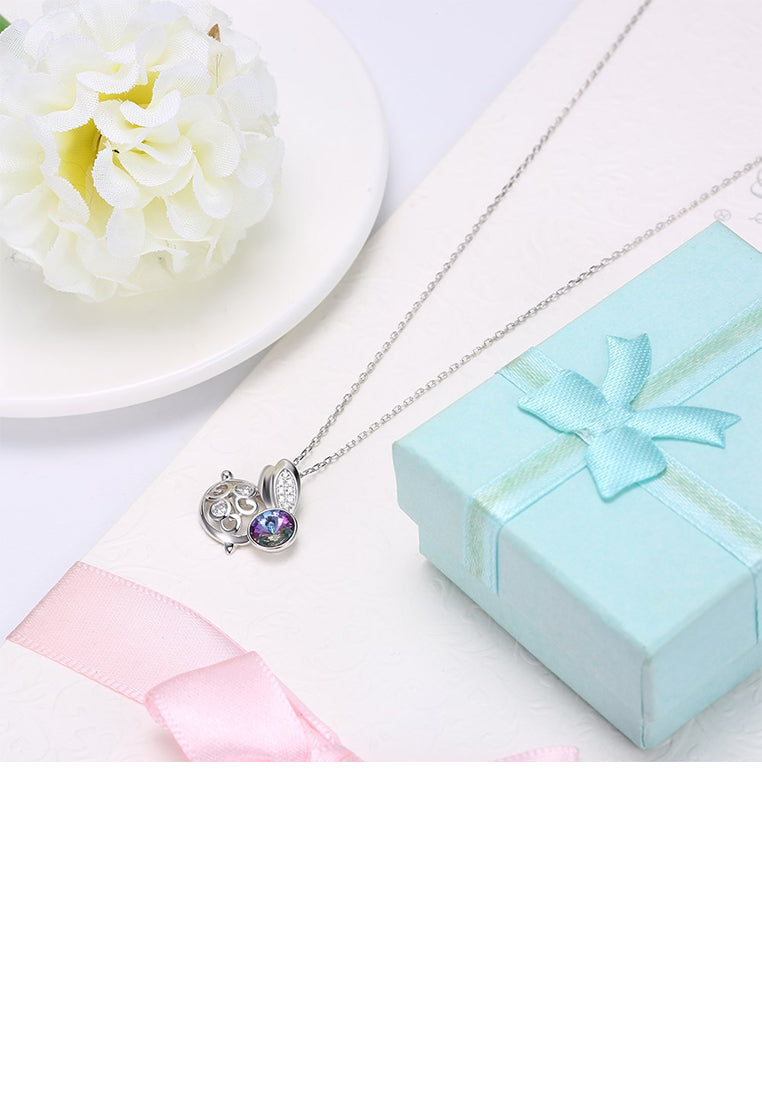 925 Sterling Silver Fashion Cute Rabbit Pendant with Purple Austrian Element Crystal and Necklace
