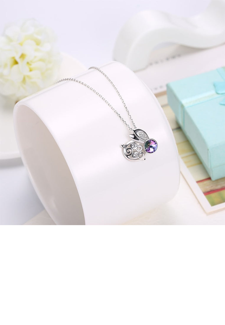 925 Sterling Silver Fashion Cute Rabbit Pendant with Purple Austrian Element Crystal and Necklace