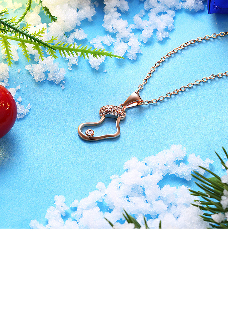 Plated Rose Gold Christmas Socks Pendant with Austrian Element Crystal and Necklace