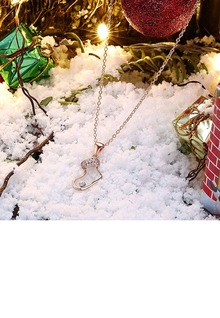 Plated Rose Gold Christmas Socks Pendant with Austrian Element Crystal and Necklace