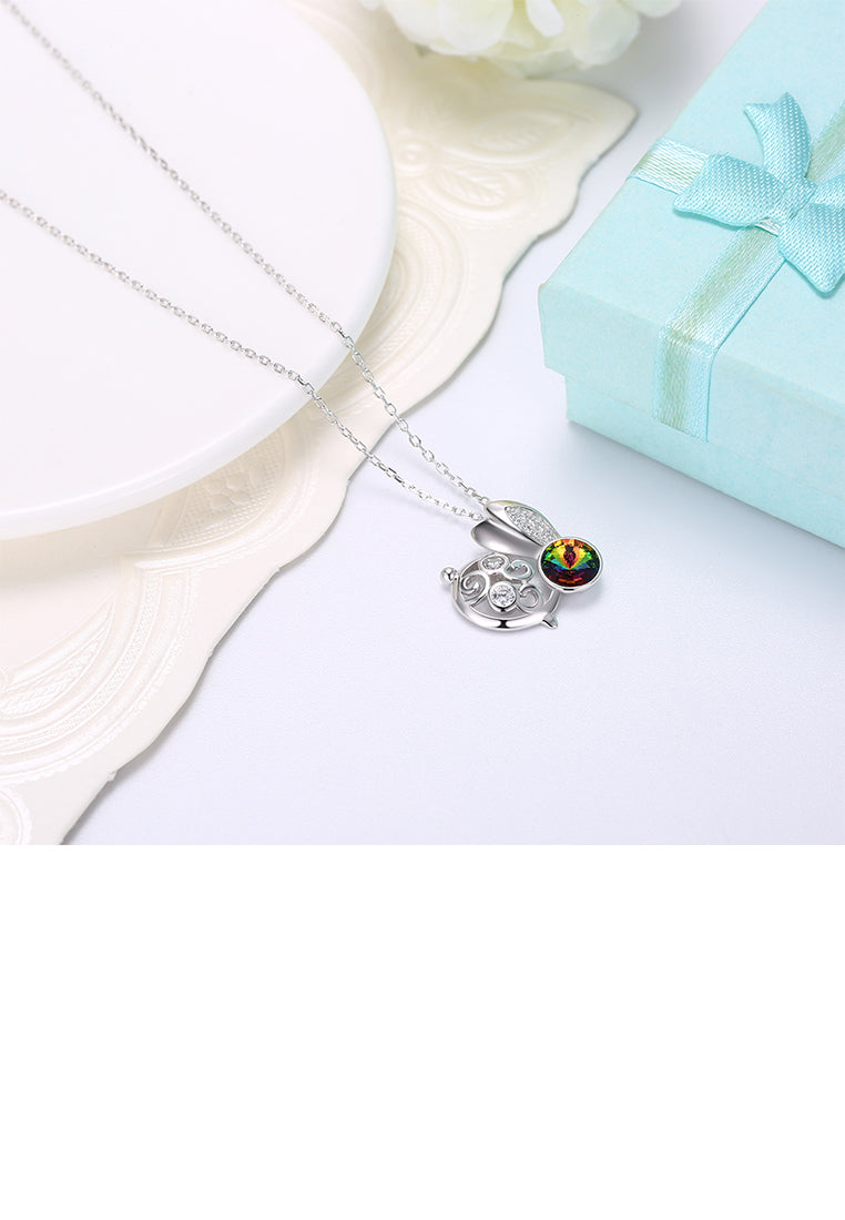 925 Sterling Silver Fashion Cute Rabbit Pendant with Green Austrian Element Crystal and Necklace