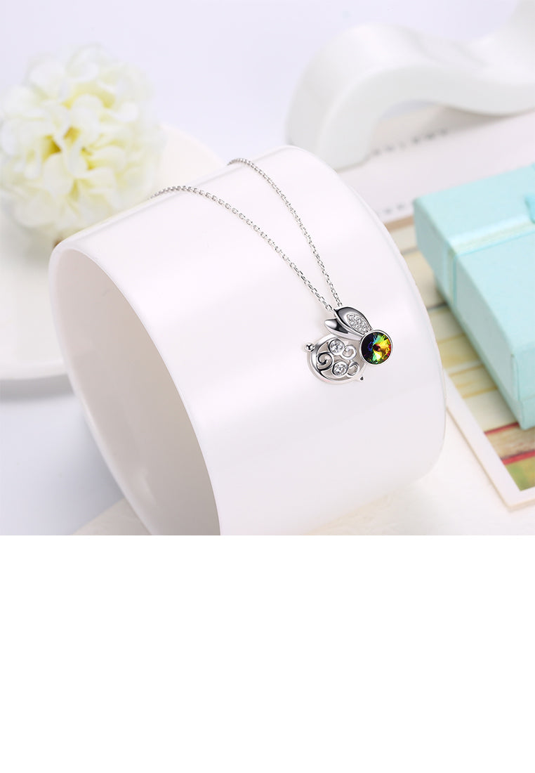 925 Sterling Silver Fashion Cute Rabbit Pendant with Green Austrian Element Crystal and Necklace