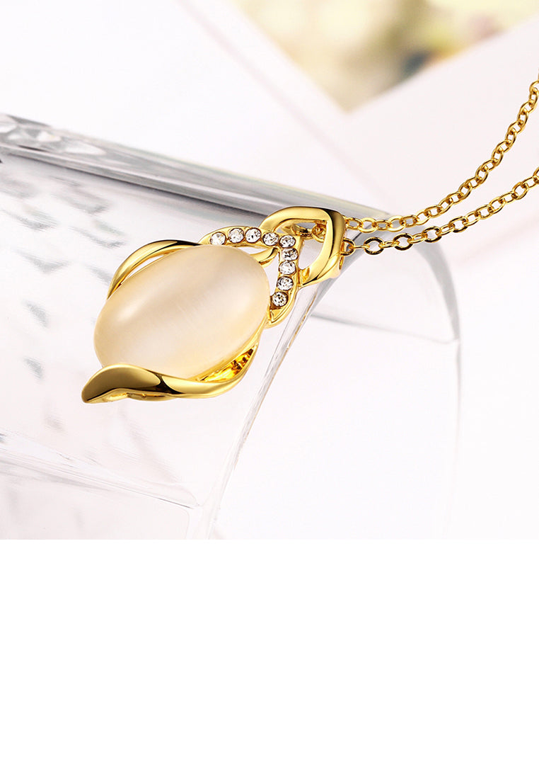Fashion Simple Plated Gold Geometric Chrysoberyl Cat Eye Opal Pendant with Austrian Element Crystal and Necklace