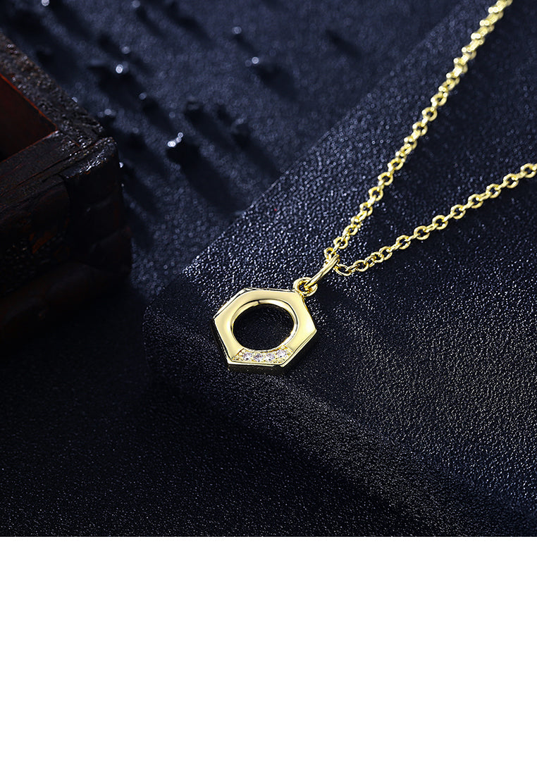 Fashion Simple Plated Gold Hexagon Pendant with Austrian Element Crystal and Necklace