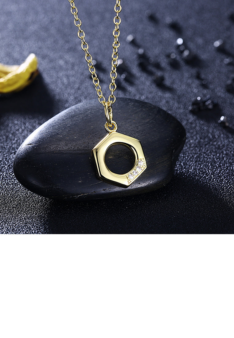 Fashion Simple Plated Gold Hexagon Pendant with Austrian Element Crystal and Necklace