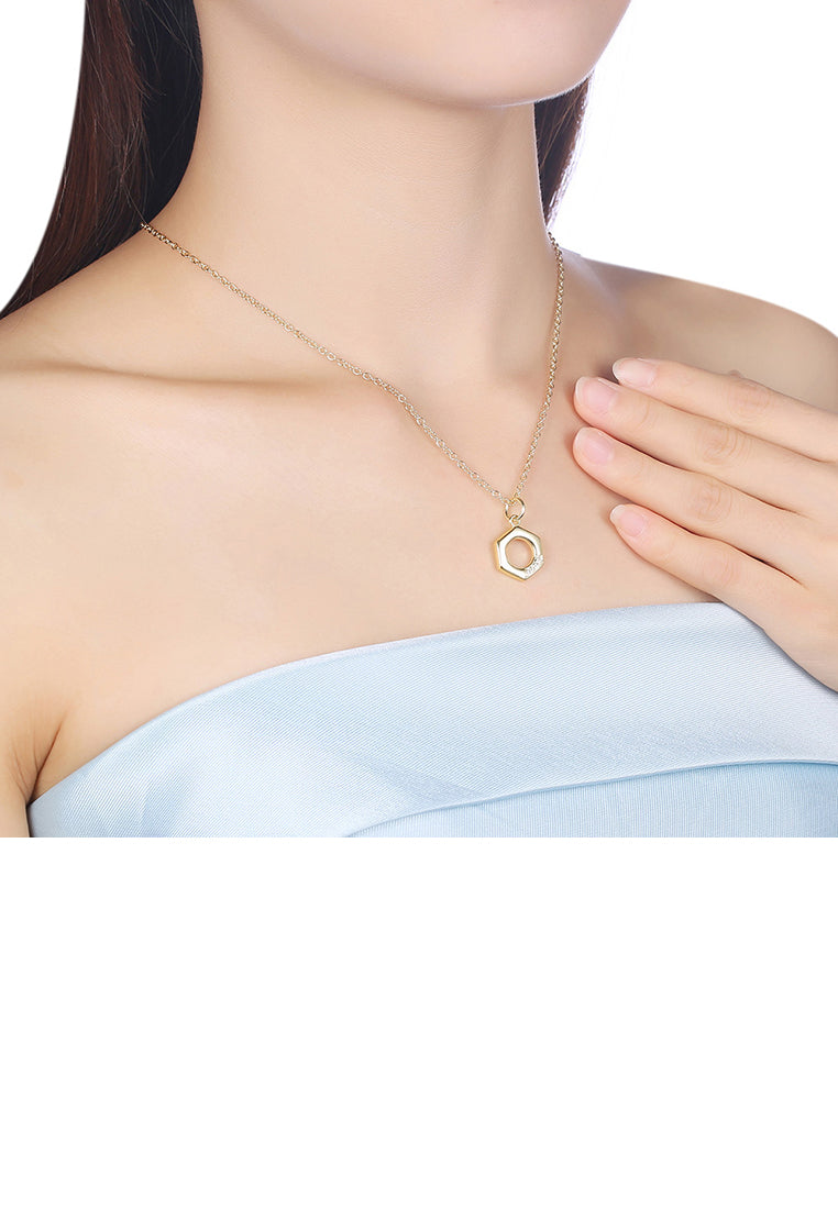 Fashion Simple Plated Gold Hexagon Pendant with Austrian Element Crystal and Necklace