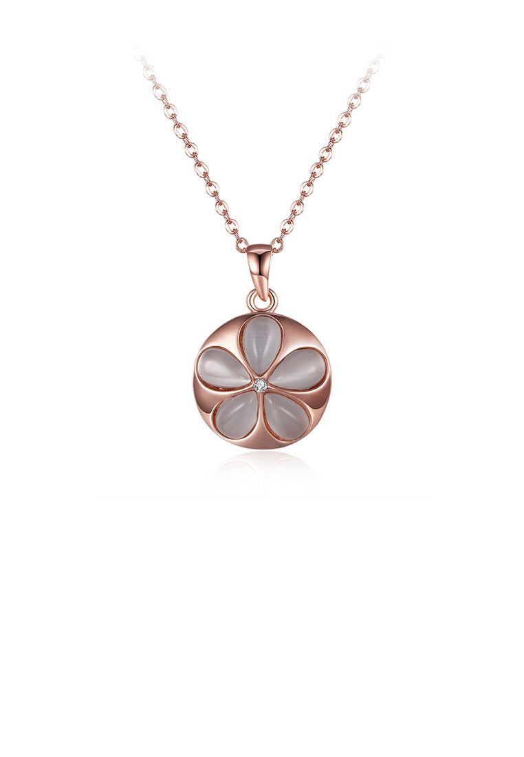 Elegant Plated Rose Gold Flower Round Pendant with Opal and Necklace