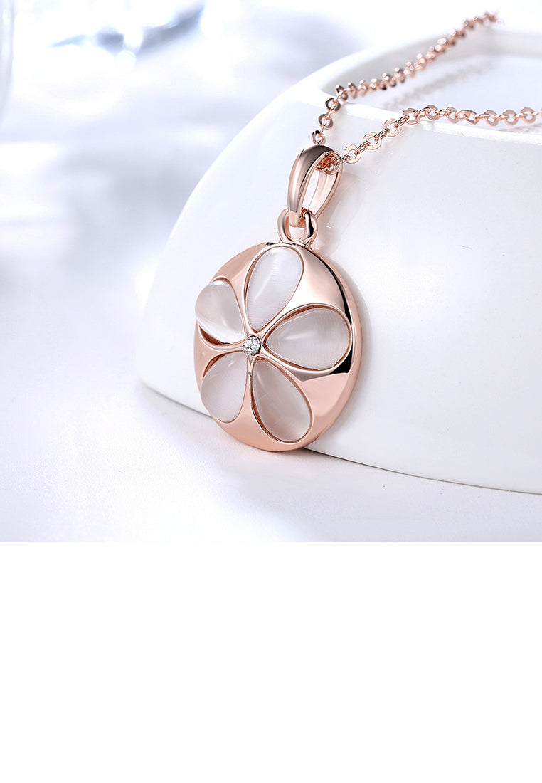 Elegant Plated Rose Gold Flower Round Pendant with Opal and Necklace