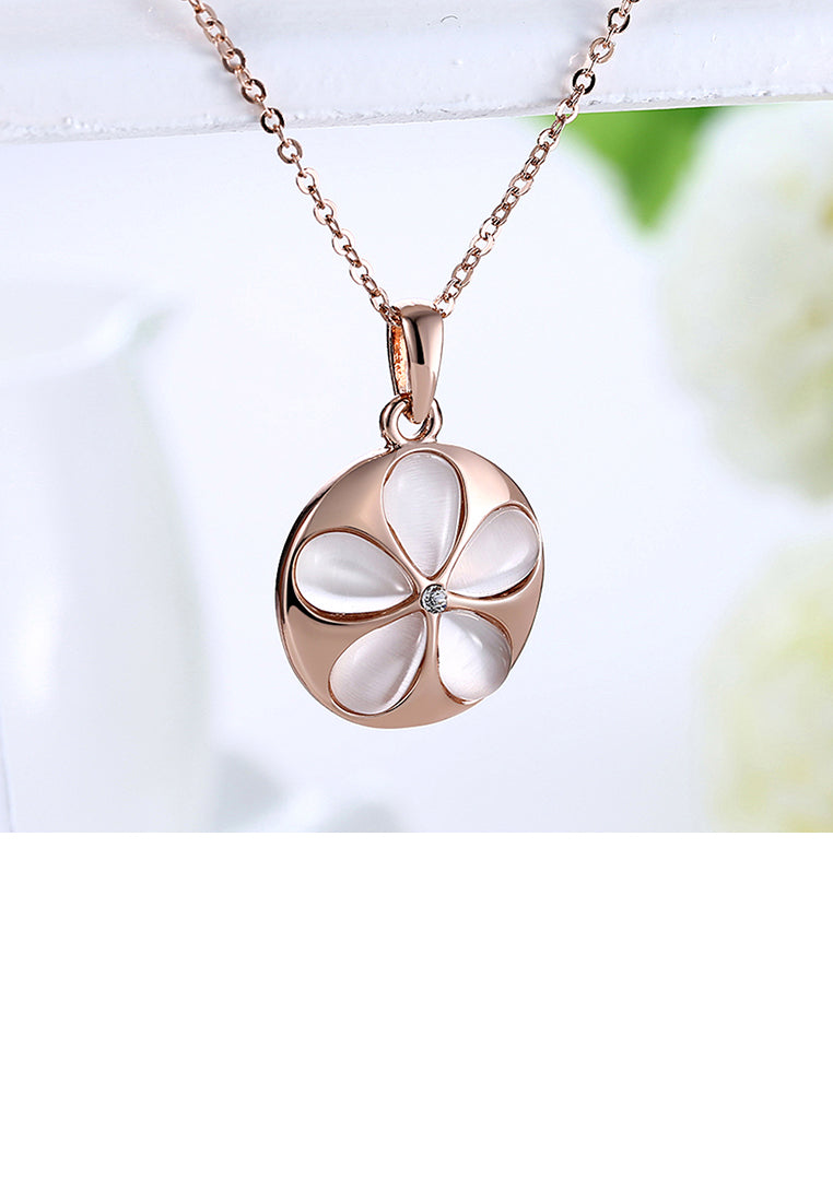 Elegant Plated Rose Gold Flower Round Pendant with Opal and Necklace