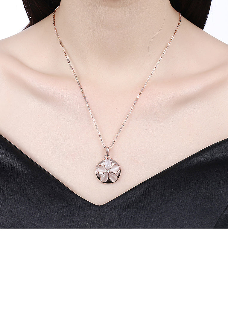 Elegant Plated Rose Gold Flower Round Pendant with Opal and Necklace