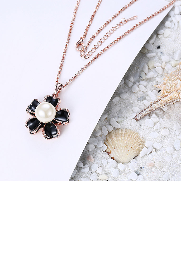 Elegant Plated Rose Gold Flower Pendant with Pearl and Necklace - Luxurious Look