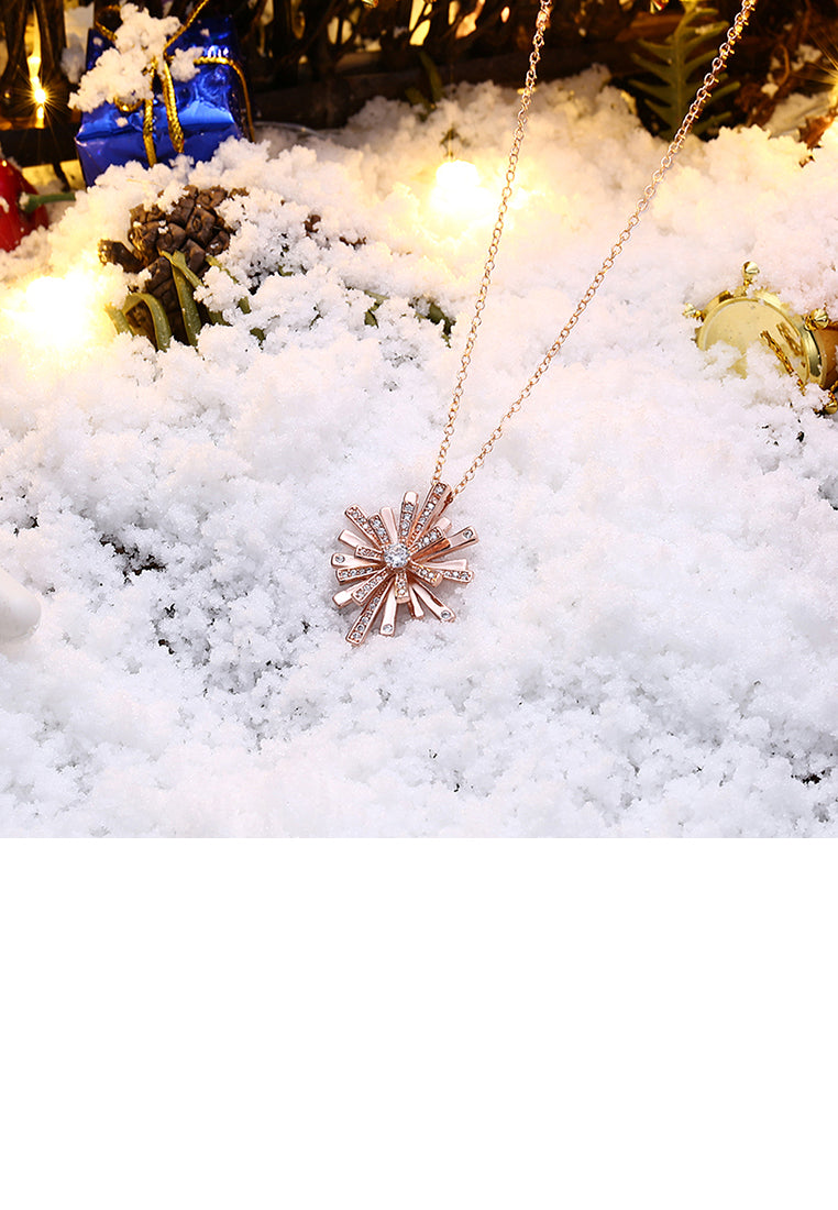 Plated Rose Gold Snowflake Pendant with White Austrian Element Crystal and Necklace