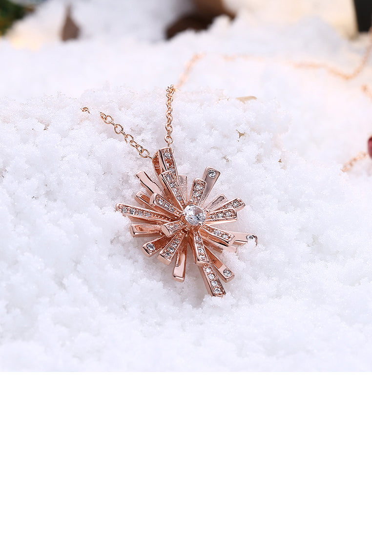 Plated Rose Gold Snowflake Pendant with White Austrian Element Crystal and Necklace