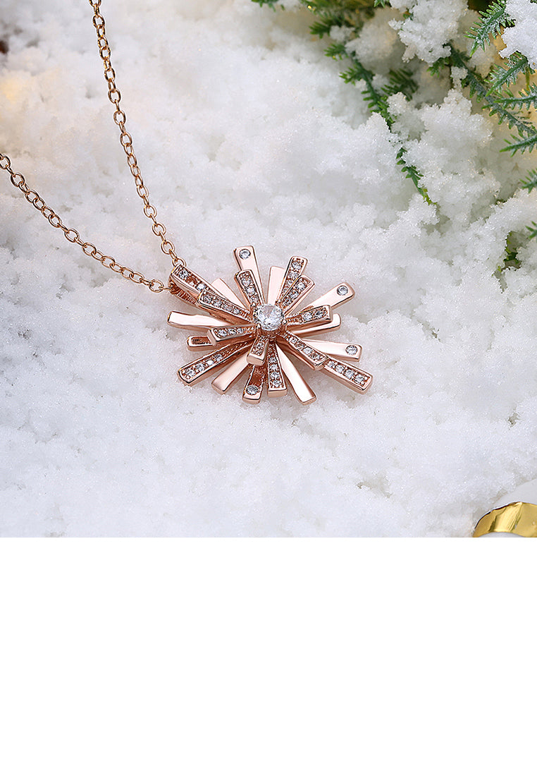 Plated Rose Gold Snowflake Pendant with White Austrian Element Crystal and Necklace