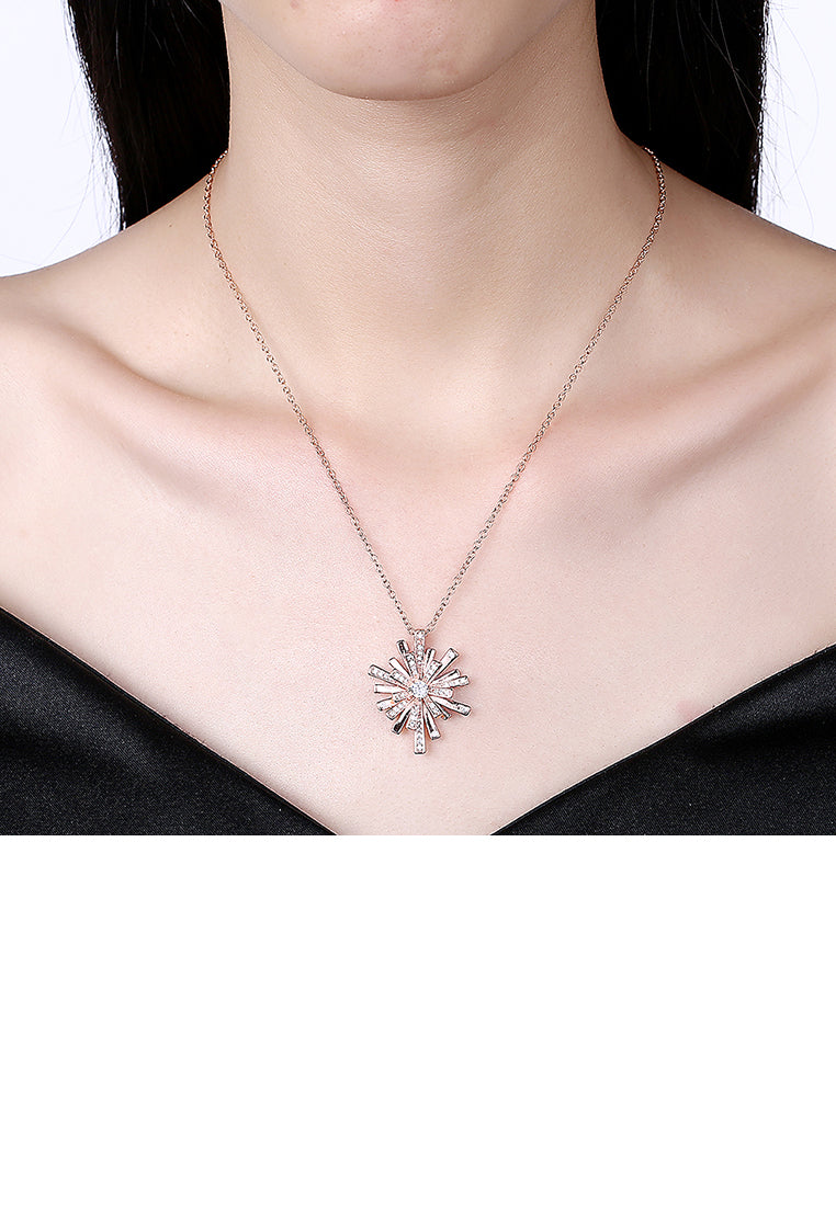Plated Rose Gold Snowflake Pendant with White Austrian Element Crystal and Necklace
