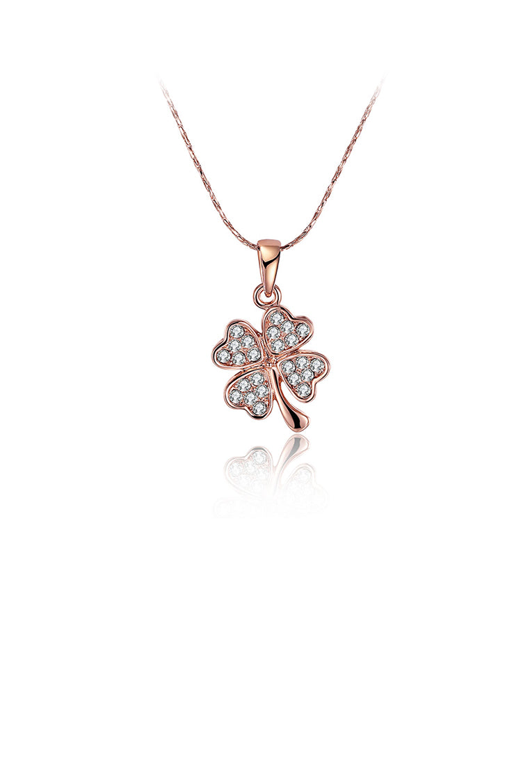 Fashion Plated Rose Gold Four-leafed Clover Pendant with Austrian Element Crystal and Necklace