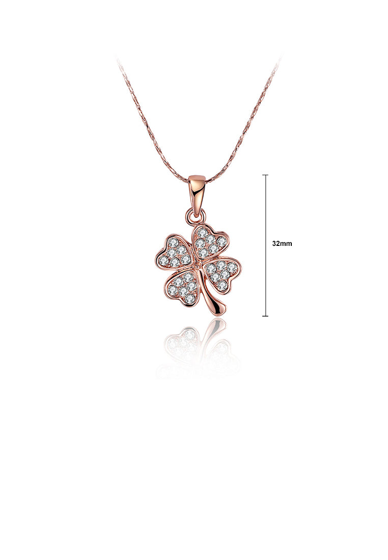 Fashion Plated Rose Gold Four-leafed Clover Pendant with Austrian Element Crystal and Necklace