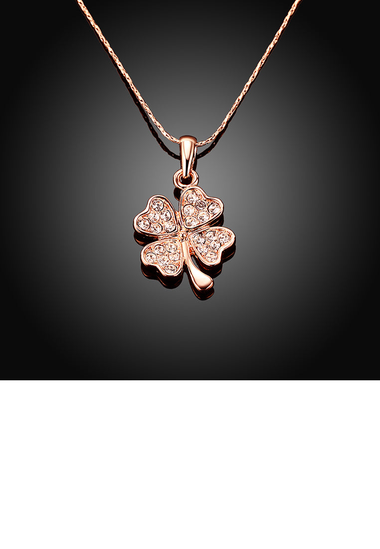 Fashion Plated Rose Gold Four-leafed Clover Pendant with Austrian Element Crystal and Necklace
