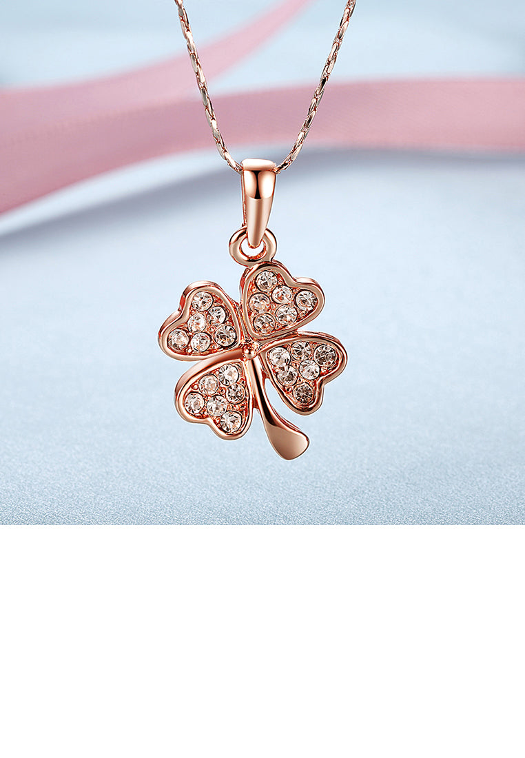 Fashion Plated Rose Gold Four-leafed Clover Pendant with Austrian Element Crystal and Necklace