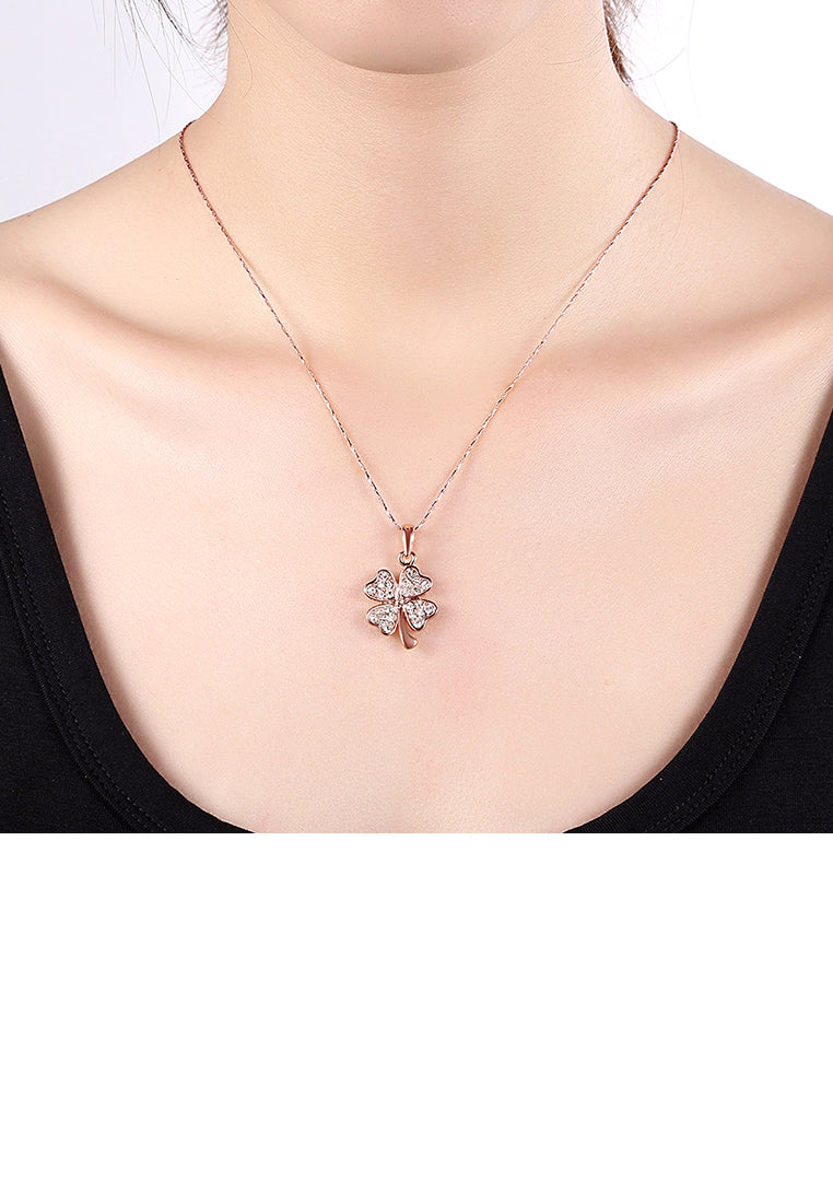 Fashion Plated Rose Gold Four-leafed Clover Pendant with Austrian Element Crystal and Necklace