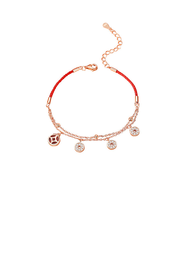 925 Sterling Silver Plated Rose Gold Fashion Vintage Copper Coin Double Layer Stitching Bracelet with Cubic Zirconia - Luxurious Look