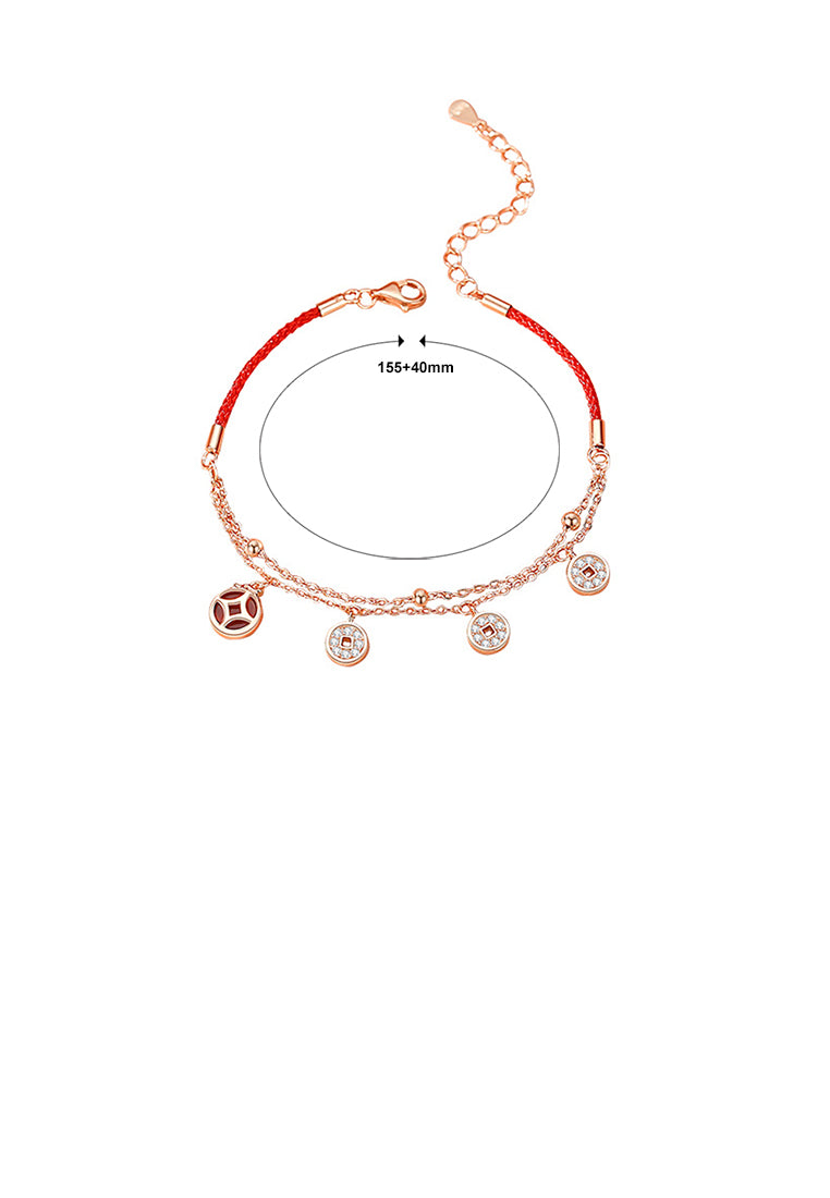 925 Sterling Silver Plated Rose Gold Fashion Vintage Copper Coin Double Layer Stitching Bracelet with Cubic Zirconia - Luxurious Look