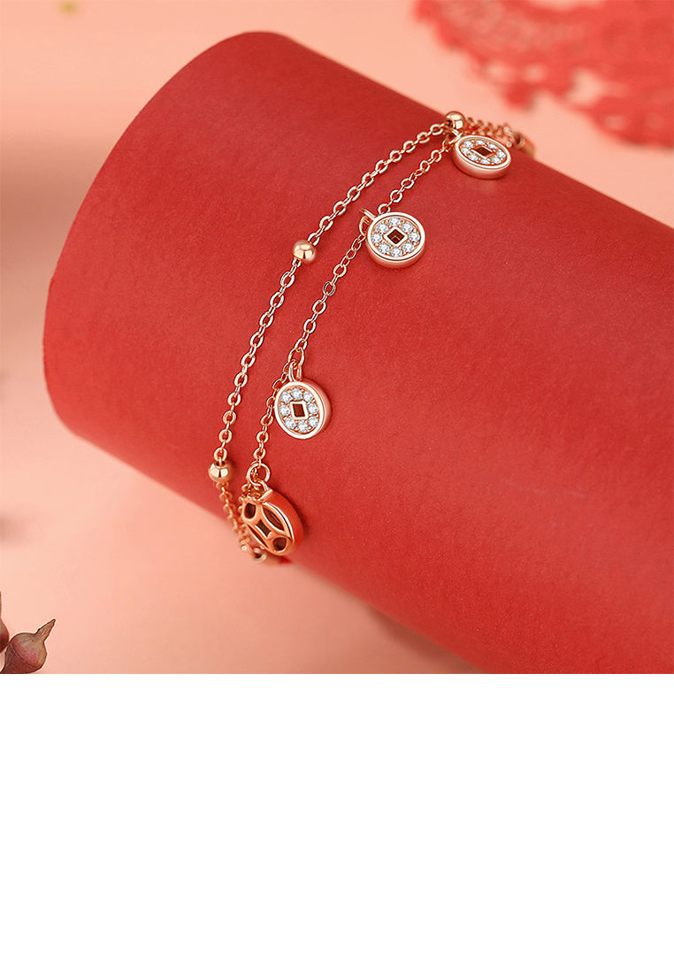 925 Sterling Silver Plated Rose Gold Fashion Vintage Copper Coin Double Layer Stitching Bracelet with Cubic Zirconia - Luxurious Look