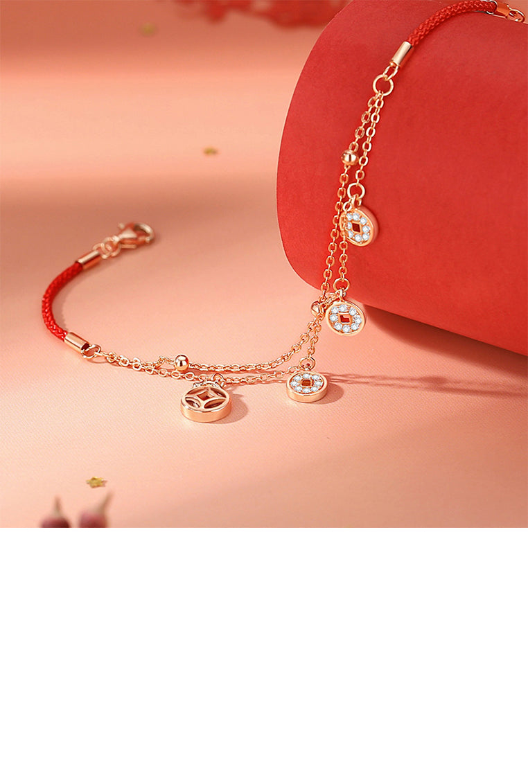 925 Sterling Silver Plated Rose Gold Fashion Vintage Copper Coin Double Layer Stitching Bracelet with Cubic Zirconia - Luxurious Look