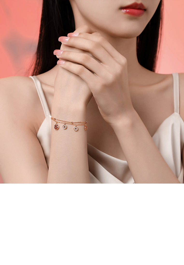 925 Sterling Silver Plated Rose Gold Fashion Vintage Copper Coin Double Layer Stitching Bracelet with Cubic Zirconia - Luxurious Look