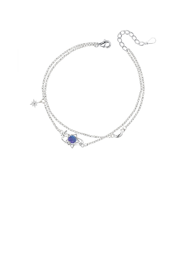 925 Sterling Silver Fashion Simple Planet Dark Blue Glass Stone Star Double Layer Bracelet