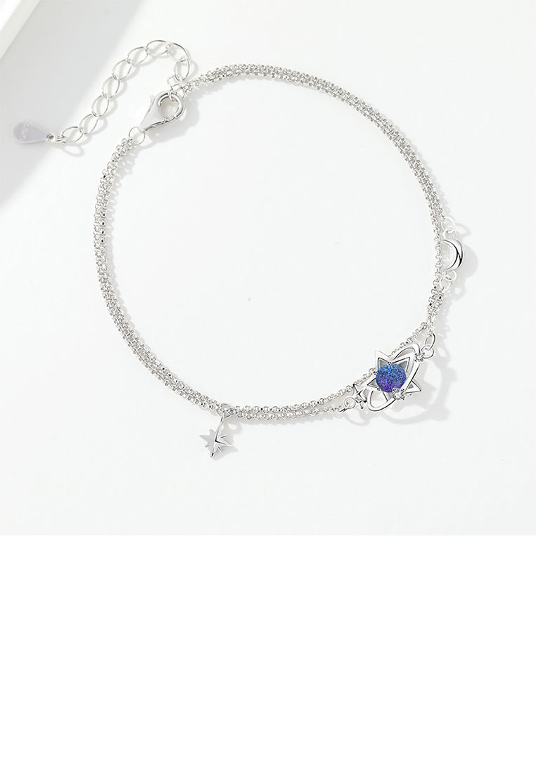 925 Sterling Silver Fashion Simple Planet Dark Blue Glass Stone Star Double Layer Bracelet