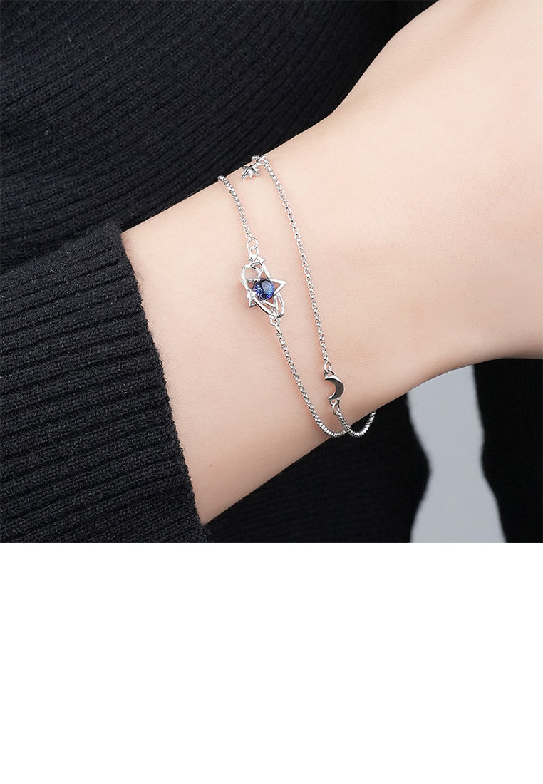 925 Sterling Silver Fashion Simple Planet Dark Blue Glass Stone Star Double Layer Bracelet