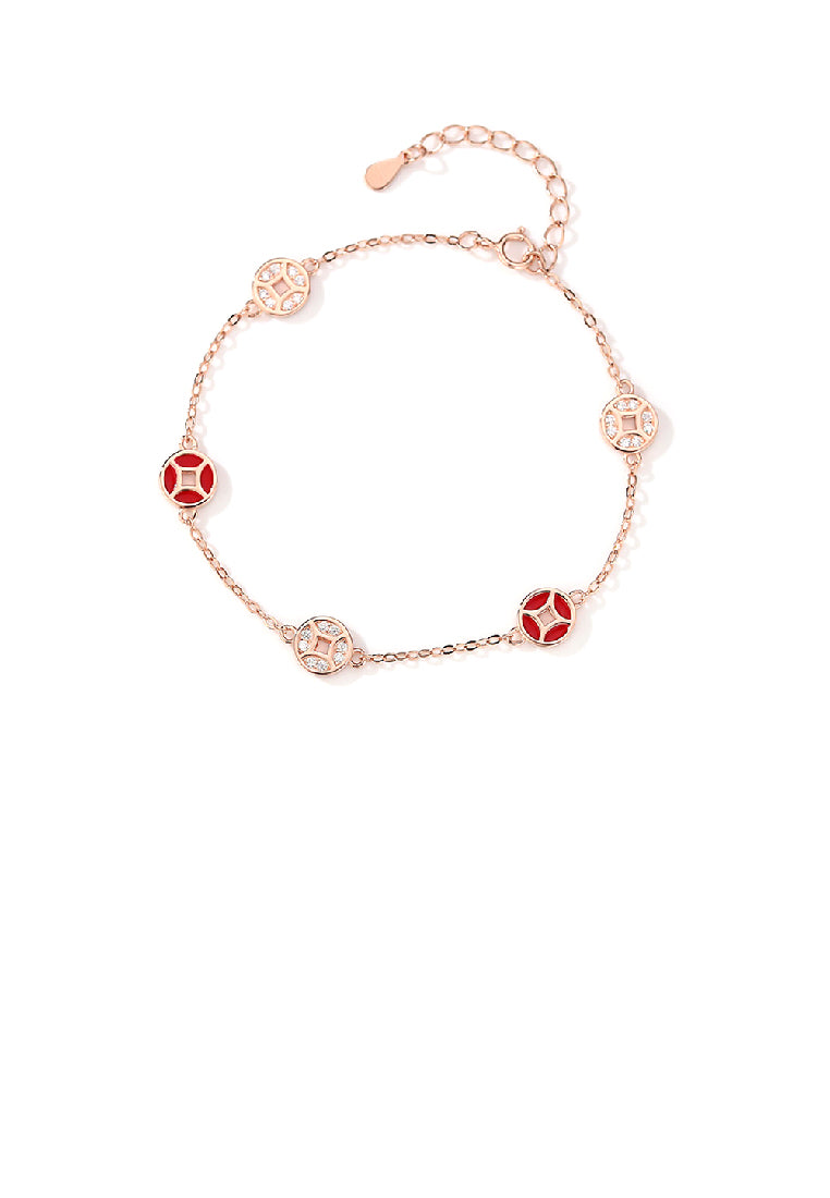 925 Sterling Silver Plated Rose Gold Fashion Vintage Coin Red Imitation Agate Bracelet with Cubic Zirconia - Luxurious Look - Vibrant Color