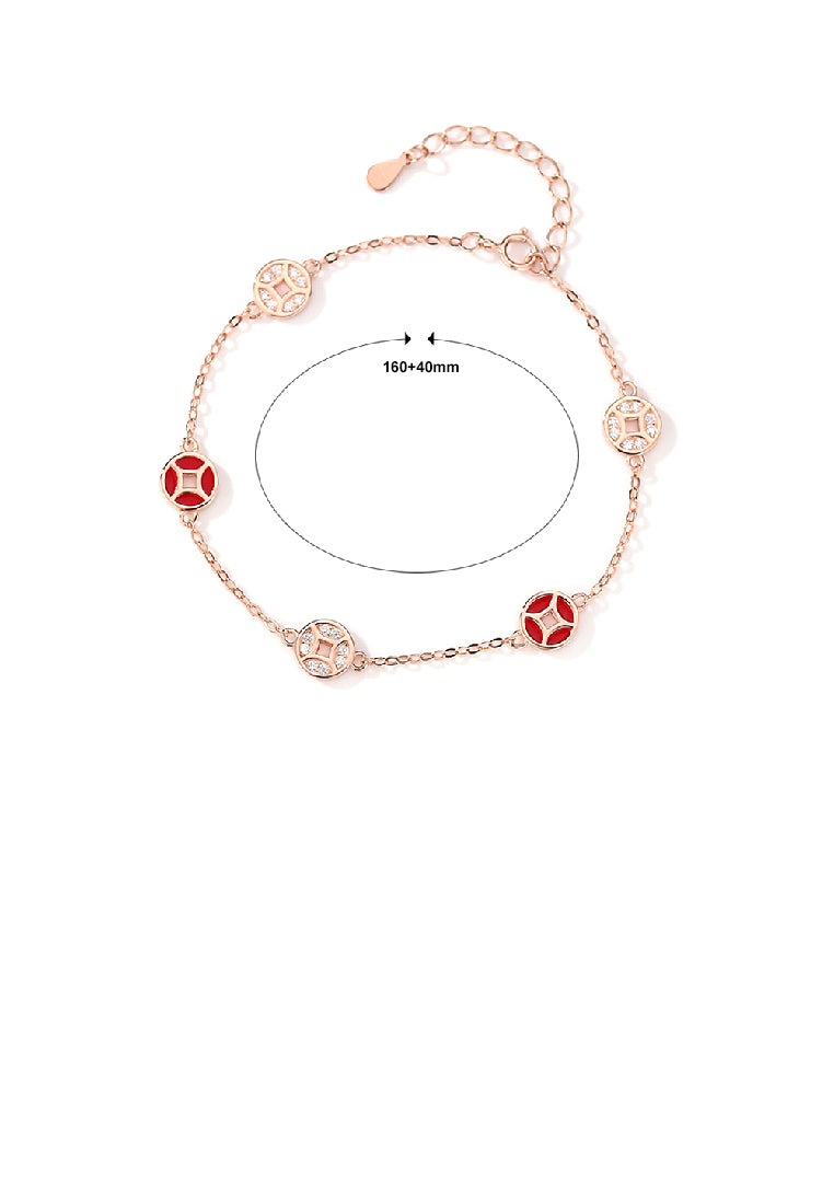 925 Sterling Silver Plated Rose Gold Fashion Vintage Coin Red Imitation Agate Bracelet with Cubic Zirconia - Luxurious Look - Vibrant Color