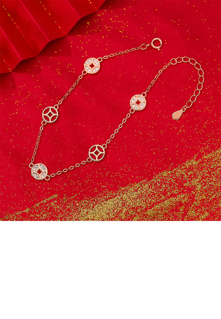 925 Sterling Silver Plated Rose Gold Fashion Vintage Coin Red Imitation Agate Bracelet with Cubic Zirconia - Luxurious Look - Vibrant Color