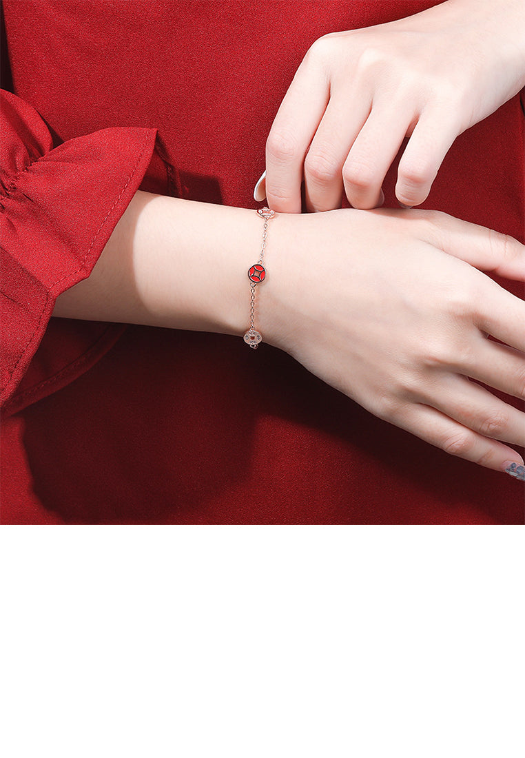 925 Sterling Silver Plated Rose Gold Fashion Vintage Coin Red Imitation Agate Bracelet with Cubic Zirconia - Luxurious Look - Vibrant Color