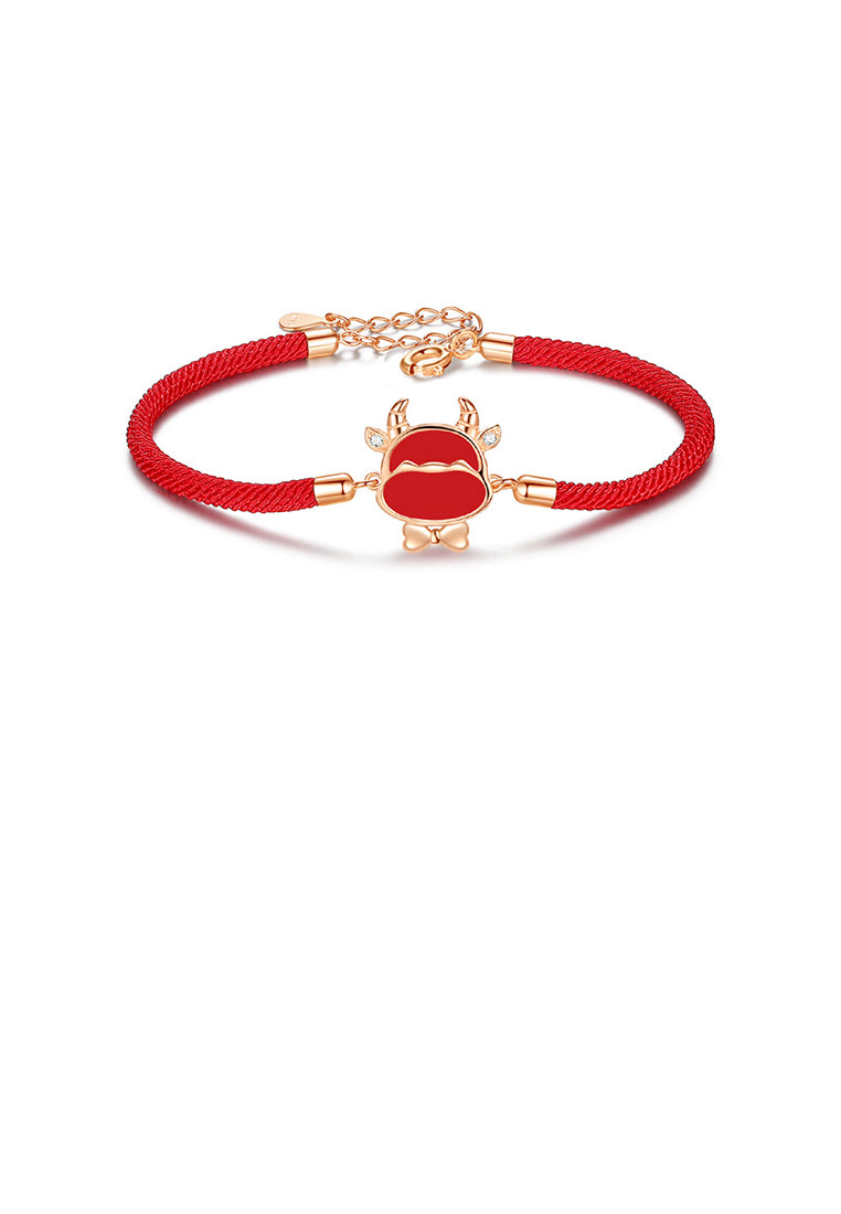 925 Sterling Silver Plated Rose Gold Simple and Cute Enamel Twelve Zodiac Ox Bracelet with Cubic Zirconia - Luxurious Look