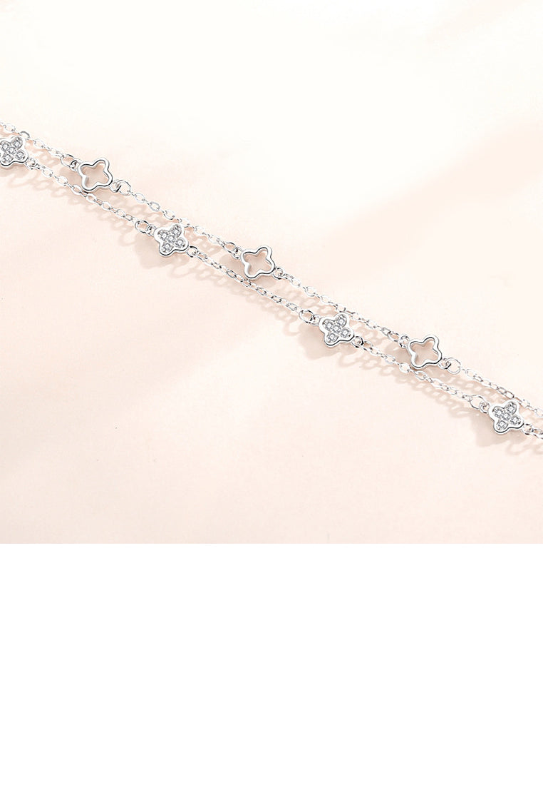 925 Sterling Silver Fashion Temperament Hollow Four-leafed Clover Double Layer Bracelet with Cubic Zirconia - Luxurious Look