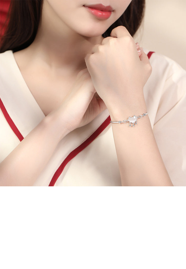 925 Sterling Silver Fashion Vintage Safety Lock Imitation Cats Eye Bangle