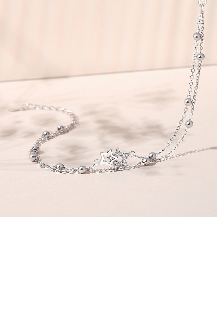 925 Sterling Silver Fashion Temperament Hollow Star Bead Double Layer Bracelet with Cubic Zirconia - Luxurious Look