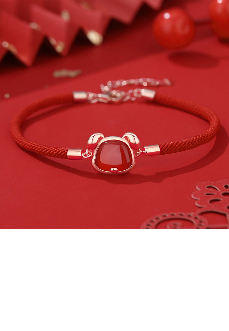 925 Sterling Silver Plated Rose Gold Simple Vintage Twelve Zodiac Dog Imitation Agate Bracelet