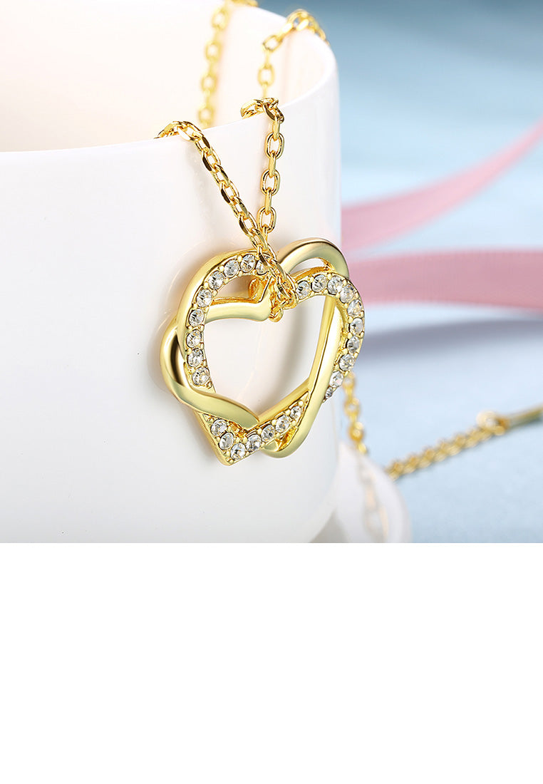 Simple and Romantic Plated Gold Double Heart Pendant with Austrian Element Crystal and Necklace