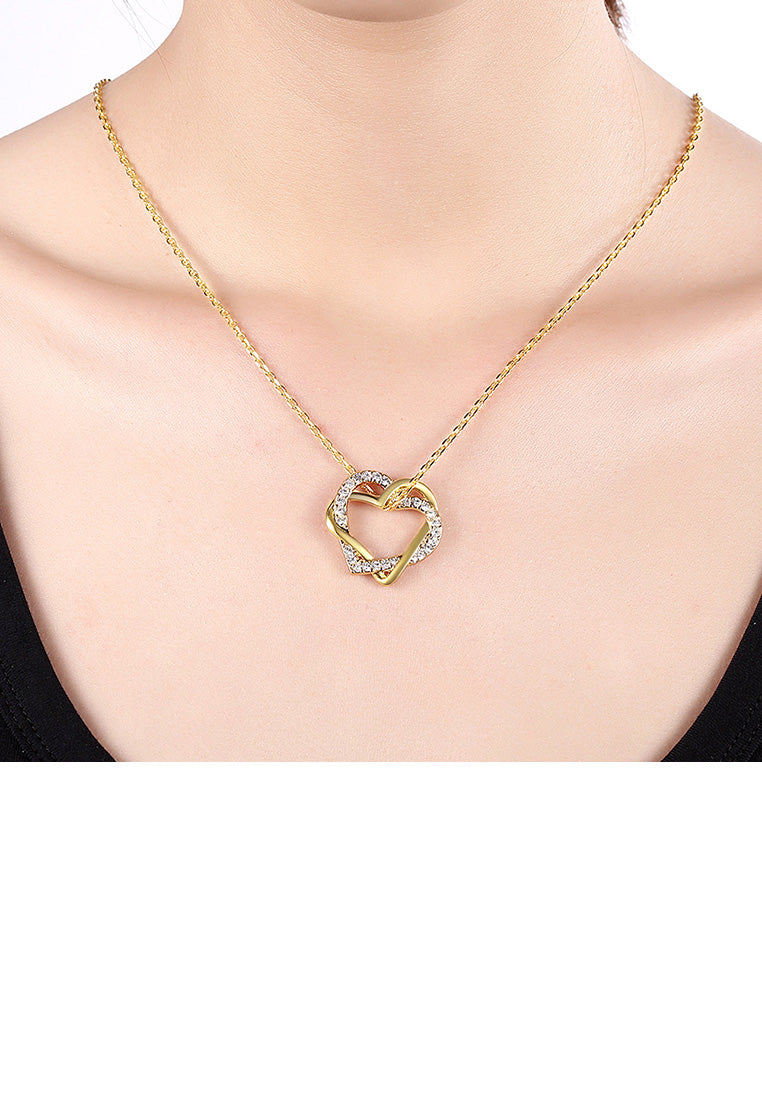 Simple and Romantic Plated Gold Double Heart Pendant with Austrian Element Crystal and Necklace