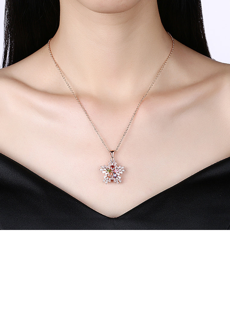 Plated Rose Gold Snowflake Pendant with Austrian Element Crystal and Necklace