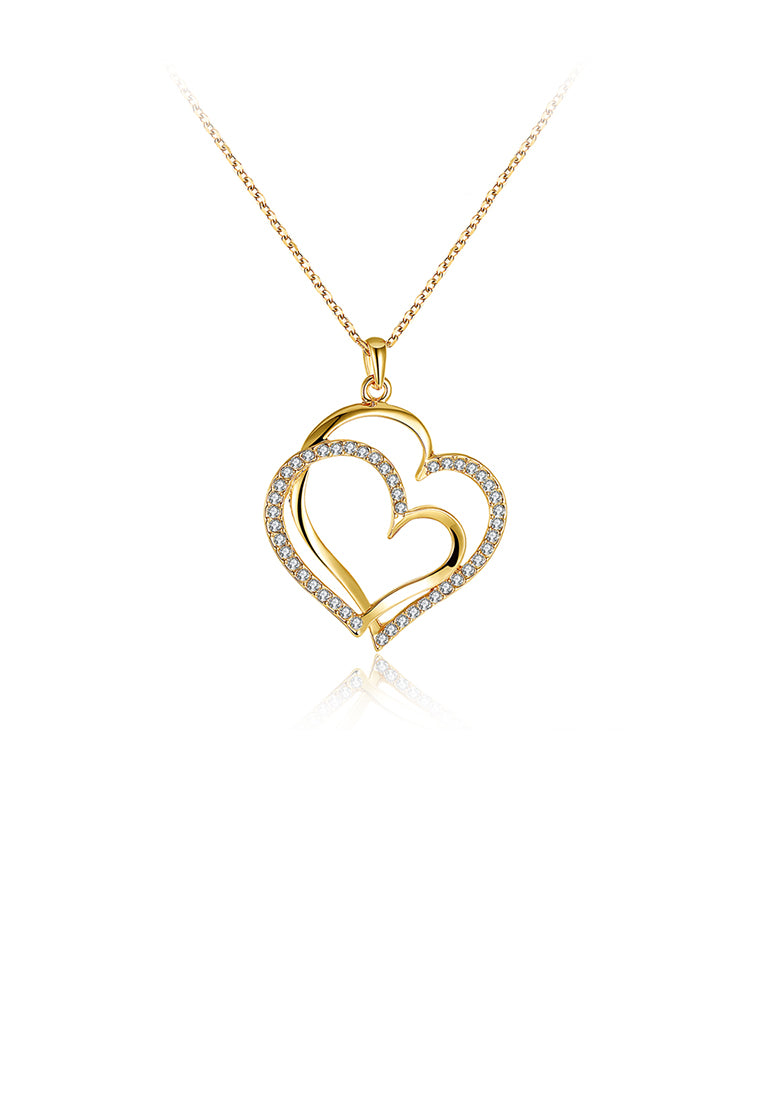 Simple Plated Gold Double Heart Skeleton Pendant with Austrian Element Crystal and Necklace