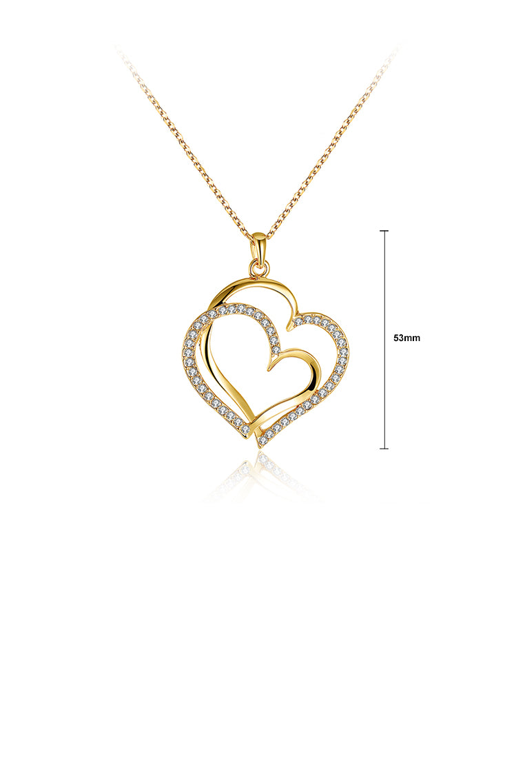 Simple Plated Gold Double Heart Skeleton Pendant with Austrian Element Crystal and Necklace