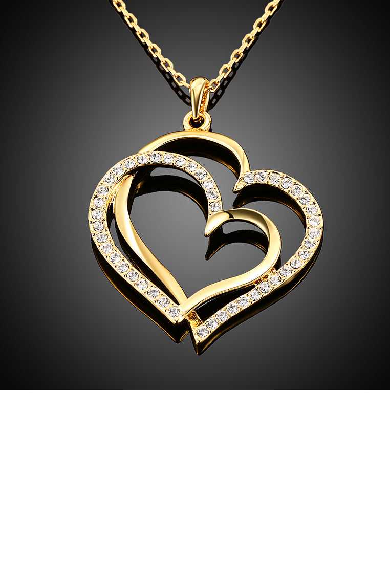 Simple Plated Gold Double Heart Skeleton Pendant with Austrian Element Crystal and Necklace