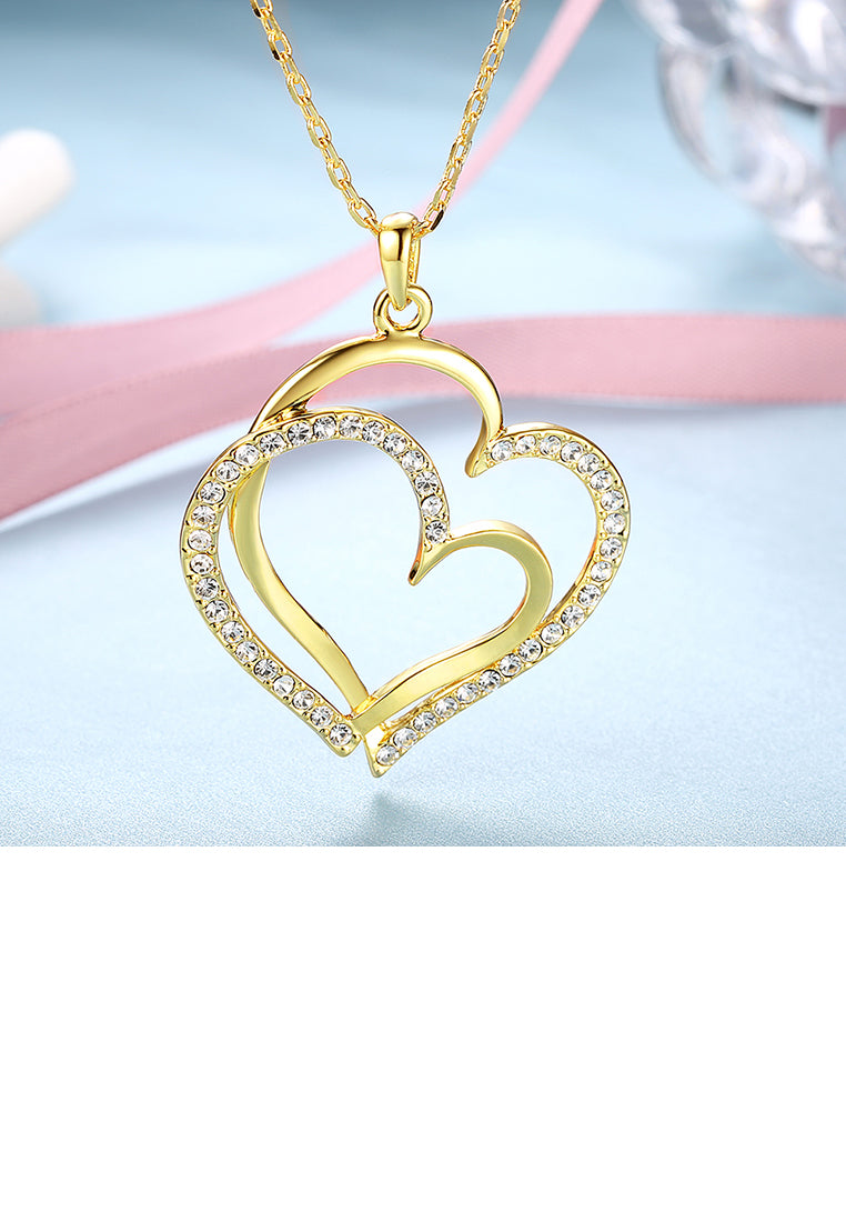 Simple Plated Gold Double Heart Skeleton Pendant with Austrian Element Crystal and Necklace