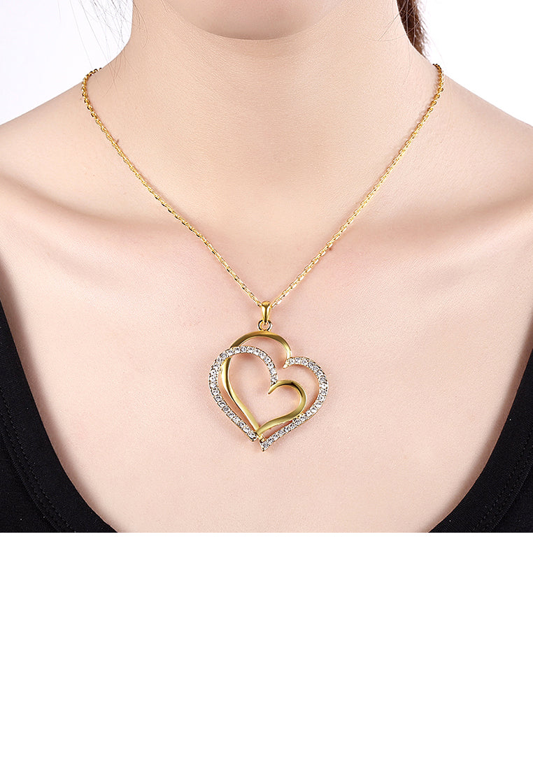 Simple Plated Gold Double Heart Skeleton Pendant with Austrian Element Crystal and Necklace