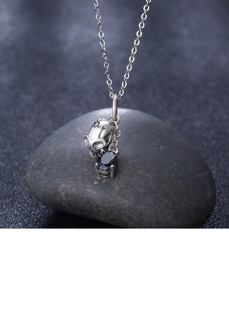 925 Sterling Silver Retro Fashion Skull Pendant Necklace with Cubic Zircon
